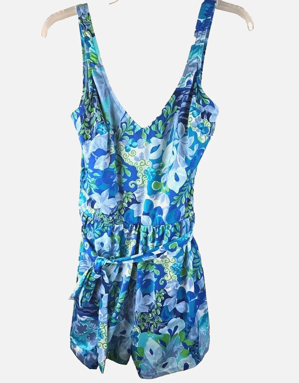 VTG MAXINE OF HOLLYWOOD FLORAL SWIMSUIT 16 one pc Tie Belt ROMPER STYLE